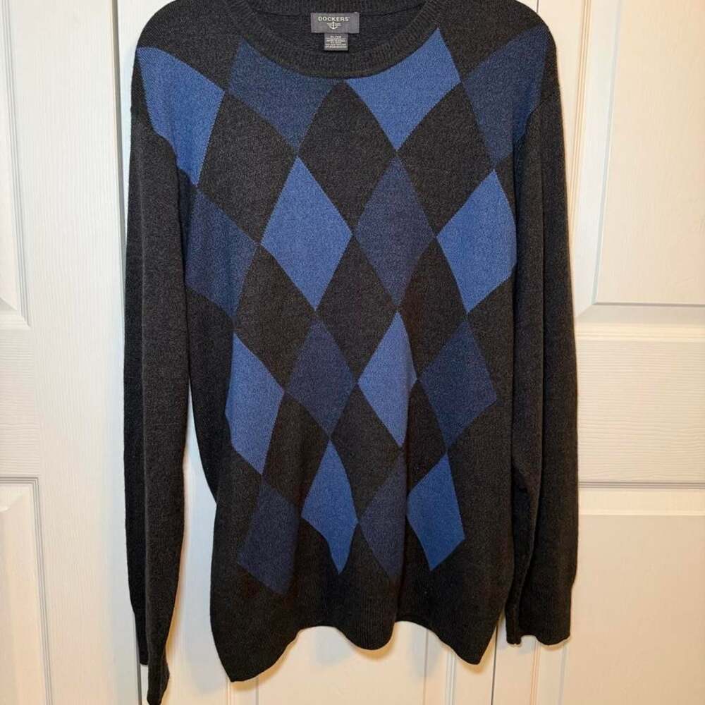 Dockers Argyle Crewneck Sweater XL Charcoal Gray Blue Diamond Pattern